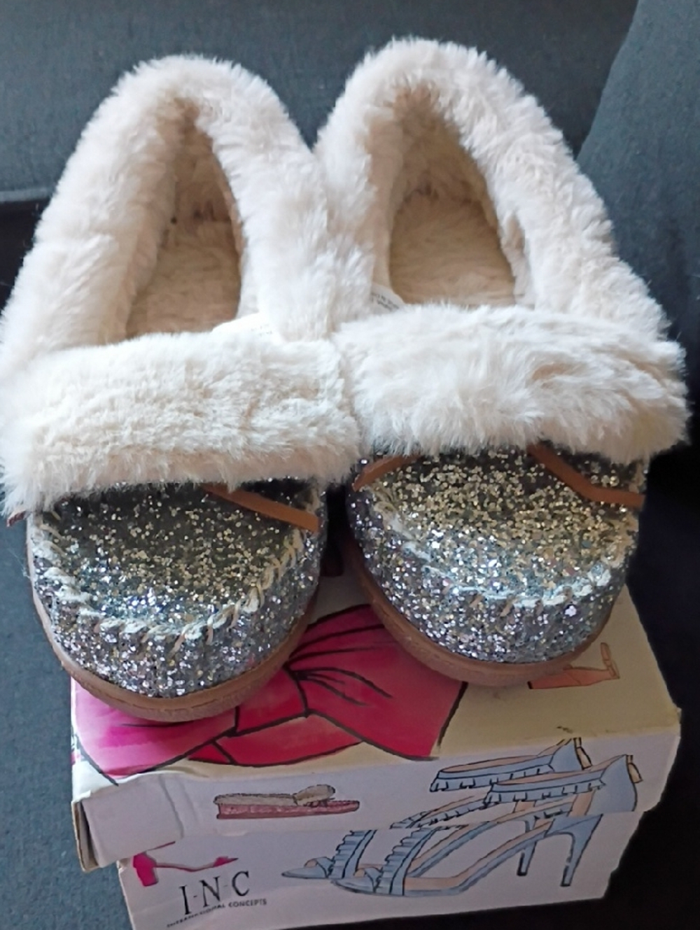 INC International Concepts Women's Silver Glitter Faux-Fur Moccasin Slippers